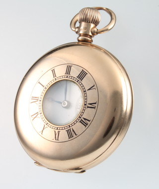 A 9ct yellow gold half hunter pocket watch with blue enamelled outer case and engraved monogram with seconds at 6 o'clock 