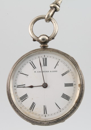 A lady's silver Edwardian fob watch on a rope twist and tassel Albert, the dial inscribed R Salsbury & Sons  
