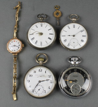 A silver key wind pocket watch with seconds at 6 o'clock,  2 others, a chromium ditto and a lady's gold wristwatch  