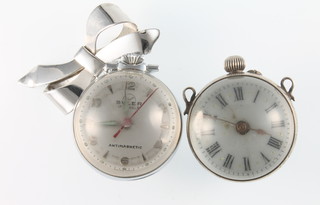 A lady's Buler spherical glass chrome mounted fob watch with visible movement, an earlier silver ditto dated 1900 