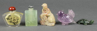 A carved amethyst figure of a bird 2", 2 scent bottles and 2 soft stone carvings