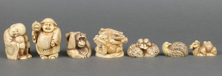 A Japanese composition figure of a chimpanzee with a rat on his back 2" and 6 other composition figures