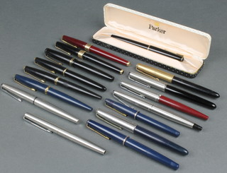 A Parker red 17 fountain pen, a Parker blue 17 fountain pen, a Parker black 17 Super, a Parker black duofold, a ditto blue 17 lady, black Victory and 9 others 