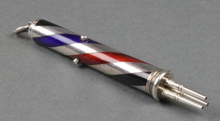 A good silver and enamelled Mordan 3 division propelling pencil with red, blue and black barber pole enamel stripes 