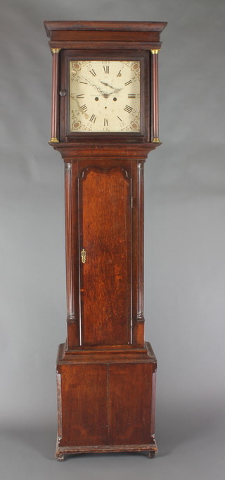 Houghton of Chorley, an 18th Century 8 day striking longcase clock, the 13" square painted dial with spandrels, subsidiary second hand and calendar hand, contained in an oak case with crossbanded door and fluted columns to the sides 82"h
