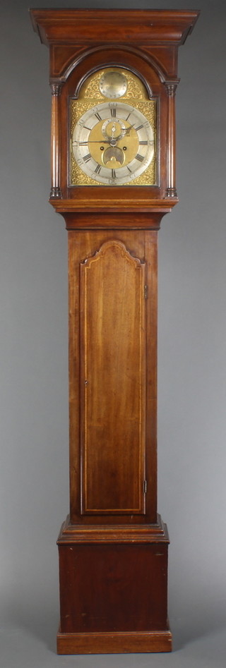 Ian Green Althorp, an 18th Century 8 day striking longcase clock, the 12" arched dial with gilt spandrels, minute indicator, calendar aperture, silvered chapter ring and Roman numerals, striking on a bell, contained in a heavy quality inlaid mahogany case with long door 89"h 