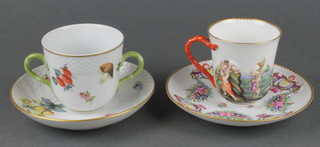A Herend 18th Century style twin handled cup and saucer decorated with flowers, a Capodimonte ditto 
