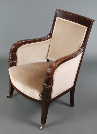 An Empire style mahogany show frame armchair upholstered in mushroom coloured Dralon raised on square tapering supports ending in brass caps and casters 