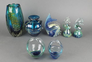 A Mdina style 2 handled vase 4", 2 baskets, an elongated vase and 3 paperweights 