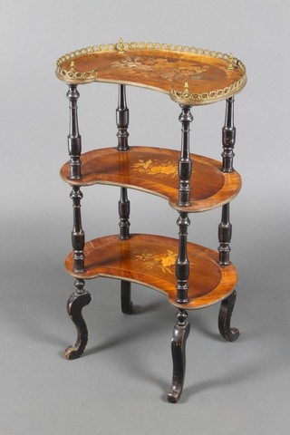 A Victorian 3 tier inlaid and crossbanded mahogany etagere with gilt metal gallery, raised on ebonised shaped supports 31"h x 18"w x 11"d  