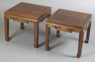 A pair of Chinese carved Padouk lamp/occasional tables with carved aprons 15"h x 18"w x 17"d 