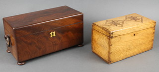 A rectangular Victorian mahogany twin compartment tea caddy with ring drop handles, fitted 2 caddies (no mixing bowl), raised on bun feet 6 1/2"h x 12"w x 6 1/2"d together with a rectangular light oak trinket box with hinged lid, the top inlaid stars 6"h x 10"w x 5"d 