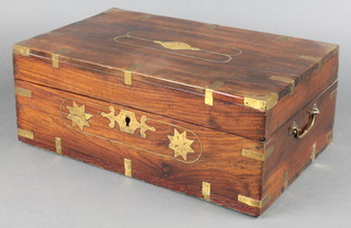A 19th Century Anglo Indian brass and inlaid rosewood writing box with hinged lid 5 1/2"h x 14"w x 9"d 