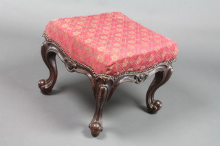 A Victorian square mahogany show frame stool, raised on cabriole supports, upholstered in red material 16"h x 18"w x 18"d 