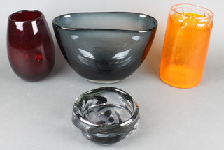 A ruby glass oviform vase 7", 2 other vases and a free form glass dish 