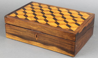 A Victorian inlaid rosewood writing slope, the top inlaid geometric parquetry panels, the interior fitted a secret compartment 4"h x 12"w x 8 1/2"d 