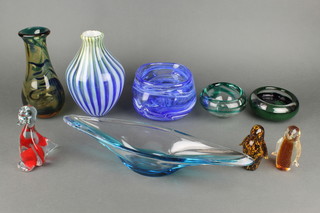 A Studio Glass blue, white and green spiral oviform vase 8", 2 others, 3 dishes and 3 glass animals 