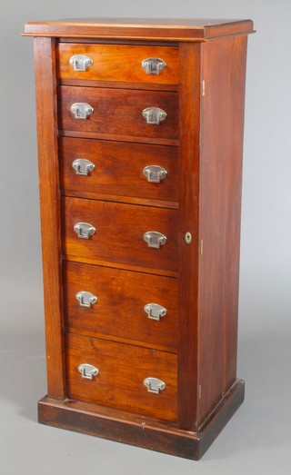An Art Deco Continental mahogany secretaire Wellington chest of 6 long drawers, having oval chrome plate drop handles, 49 1/"h x 22"w x 16"d 