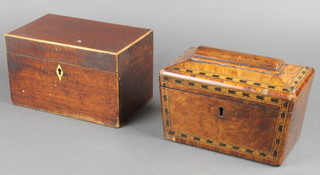 A Victorian inlaid figured walnut tea caddy of sarcophagus form with hinged lid 5"h x 8"w x 4 1/2"d together with a mahogany twin compartment tea caddy with satinwood stringing and diamond shaped ivory escutcheon 5"h x 8"w x 5"d 