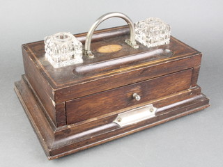 An Edwardian rectangular inlaid mahogany 2 bottle standish with chrome mounts, the base fitted a drawer, raised on bun feet  4"h x 13"w x 9"d 