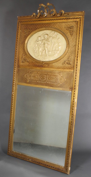 A 19th Century square bevelled plate mirror contained in a decorative gilt plaster frame with plaster panel depicting gardening cherubs and surmounted by ribbon garland 80"h x 43"l 