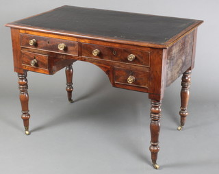 A 19th Century mahogany writing table with black inset writing surface, fitted 2 long drawers above 2 short drawers, raised on ring turned supports 30"h x 42"w x 27 1/2"d 