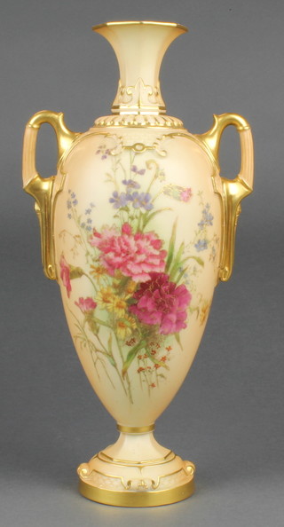 A Royal Worcester blush porcelain 2 handled vase with floral sprays 13 1/2"