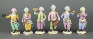 A set of 6 20th Century Sitzendorf Turkish musicians wearing turbans on gilt bases 6" 