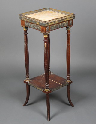 A 19th Century French square mahogany and gilt mounted 2 tier jardiniere stand with white veined marble top and pierced brass gallery raised on turned and fluted supports  33"h x 12"w x 12"d 