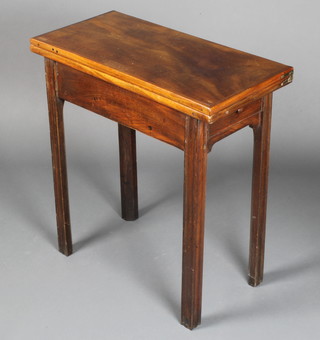 A 19th Century rectangular mahogany card table, the base fitted a drawer, raised on square tapering supports 28"h x 26"w x 13" when closed x 25 1/2" when opened 