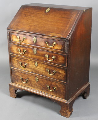 A Georgian mahogany bureau, the fall front revealing a well fitted interior above 4 long graduated drawers with brass swan neck drop handles, raised on bracket feet 40"h x 30"w x 20"d 