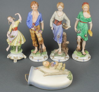 A Hummel wall pocket decorated a figure of a girl by a tree, reverse impressed 360/C 1958 6", a Capodimonte figure of a standing dancing girl 8" and 3 other Capodimonte biscuit porcelain figures  - The Grape Harvester, Corn Harvester and Gardener 