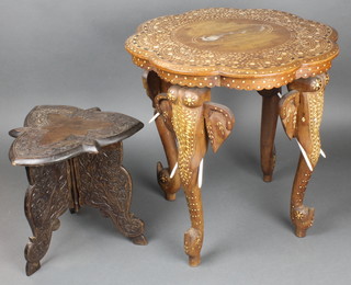 An Indian bone and mother of pearl inlaid scallopped table 18" a folding ditto 10"
