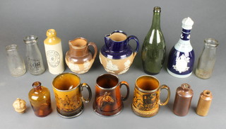 A Doulton Lambeth stoneware hunting jug 5" minor stoneware items and glass bottles