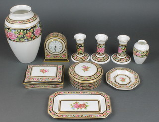 A Wedgwood Clio pattern timepiece 4 1/2" three ditto candlesticks, 2 boxes, 2 dishes and 2 vases 