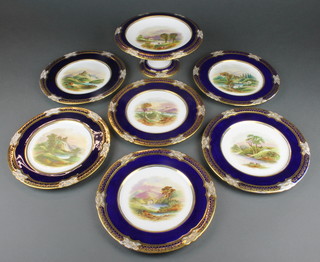 A Victorian dessert service the blue and gilt decoration with panels of Views of The River Clyde comprising a tazza and 6 plates