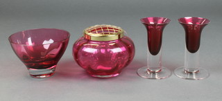 A cranberry glass bowl 5",  a ditto bowl and 2 vases