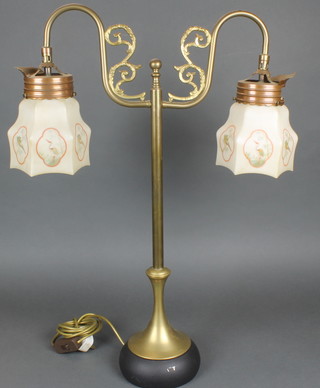 An Edwardian style brass twin light table lamp with opaque glass shades decorated exotic birds 29"h 