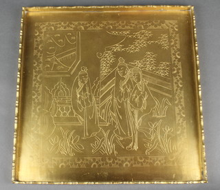 A Chinese square engraved brass tray decorated figures 12" x 12" 