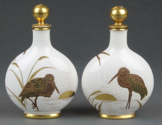A pair of Coalport seccessionist style moon vases and stoppers decorated with heron 5" 