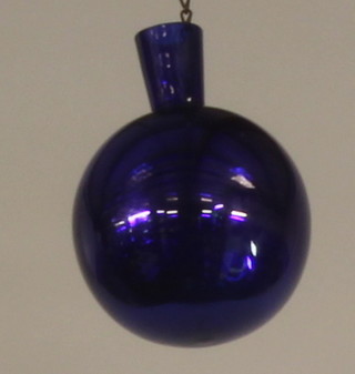 A 19th Century bottle shaped "Bristol" blue glass witches ball 7" 