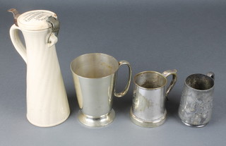 A Cowdray Hunt Point to Point steeplechase silver plated half tankard, a Britannia metal tankard and a Kannenbeer Ltd pottery jug of waisted form 9"