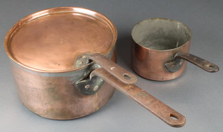 A 19th Century circular copper saucepan with iron handle and lid 10" and 1 other saucepan 6" (no lid) 