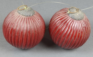 Two red ribbed glass witches balls 5" 