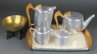 A 5 piece picquot ware tea service comprising teapot, hotwater jug, cream jug, sugar bowl and twin handled tray together with a Chinese circular brass bowl 6" 
