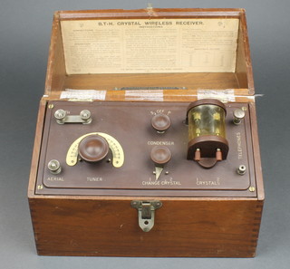 British Thomson-Houston Co Ltd, a wireless crystal receiver contained in a mahogany box marked BT-H BBC (hinges f) 