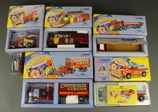 A Corgi Classic Chipperfield Circus 97303  Bedford O articulated truck, 97957 ERF 8 wheeled ridge truck, 07202 Land Rover, public address and clowns, 97022 AEC Regal living quarters, 97886 Scammell highwayman with crane and an Oxford Bedford van advance booking vehicle
