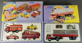 A Corgi Chipperfield Circus 31703 Land Rover, Morris Minor pickup, Thames Trader and AEC fire engine - boxed, a 14201 Foden ST1 articulated truck trailer with hippo and crocodile
