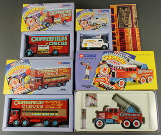 A Corgi Chipperfield Circus 17801 Scammell constructor canon and ring master, a 97896 AEC pole truck, a 97092 Bedford Pantechnicon Billy Smell wardrobe, a 96905 advance booking vehicle and a facsimile handbill 11" x 8 1/2"  