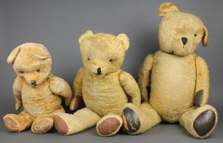 3 yellow teddybears with articulated limbs 28", 31" and 22", all play worn